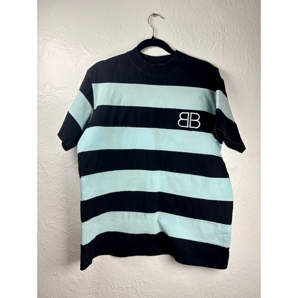 Striped BB Logo T-Shirt Men's 3XL Black Blue Oversized Streetwear Hip Hop Skater